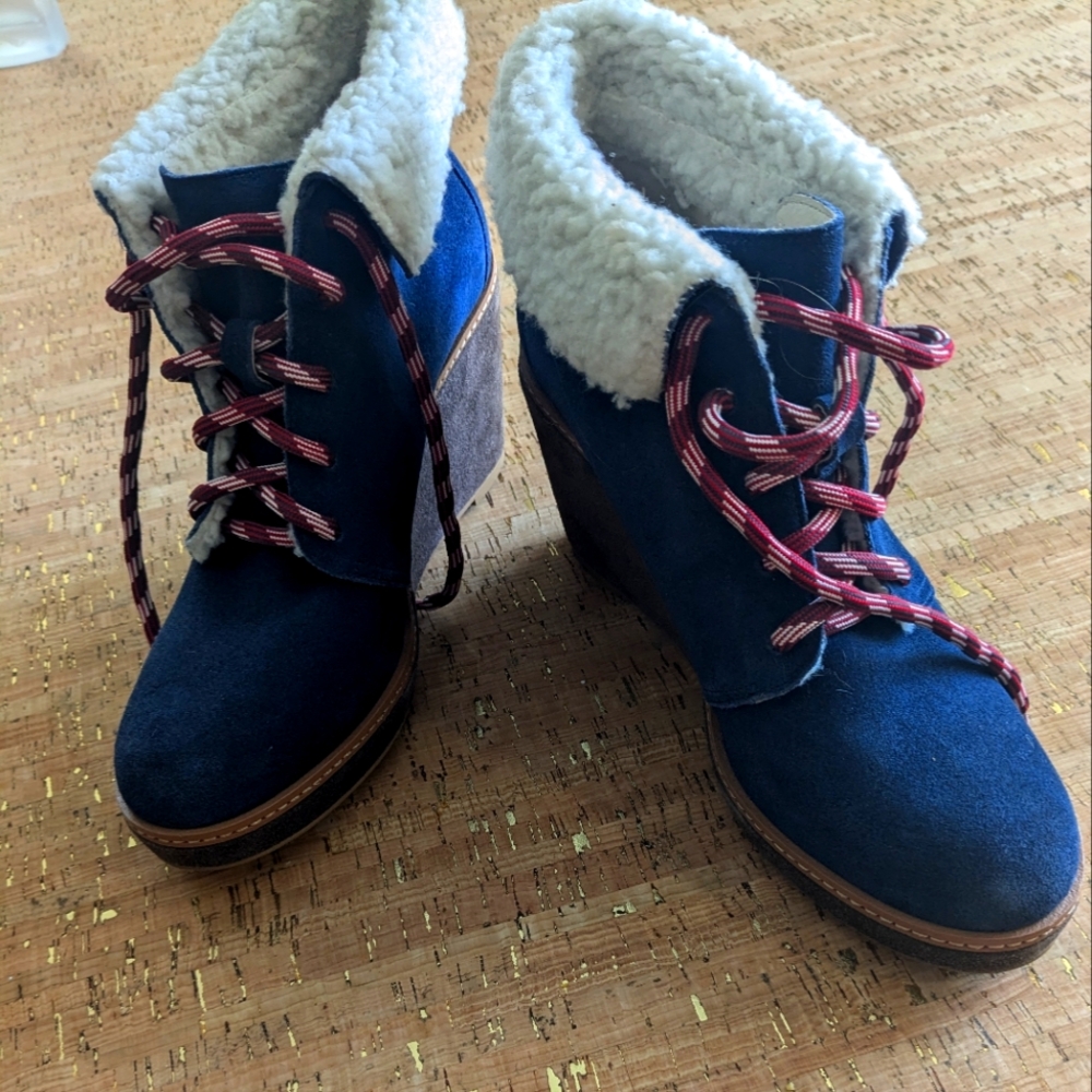 Navy blue Caslon wedge booties
